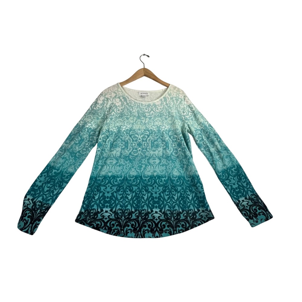 Liz Claiborne Teal Ombre Damask Waffle Knit Thermal Top Large